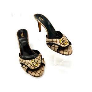 Gucci Classic Beige Diamante GG Monogram Canvas Slide Sandals Gold Logo EU 39